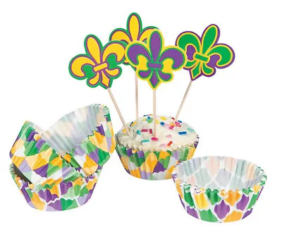 MARDI GRAS Party 12 CUPCAKE LINERS W/12 TOPPERS/Picks Fleurs-de-lis New Orleans • $4.89