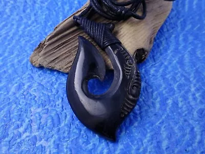 Classic Maori Fish Hook Pendant Necklace Black Horn (Large 2.75  Tall) • $19.36