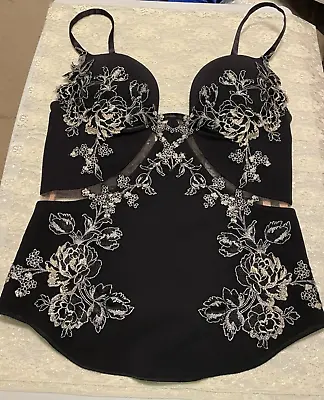 La Perla Peony 36C Bustier Corset Top Black Silk Georgette $1665 • $499.99