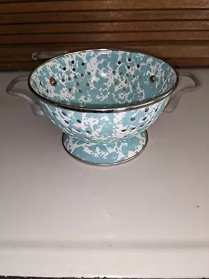 Vintage Blue And White Speckled Colander Small Mini Tiny Teal  • $17.95