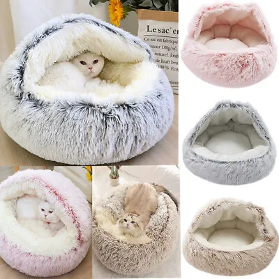 Pet Dog Cat Beds Plush Cave Hooded Warm Round Plush Puppy Beds Sleeping Nest Bed • £10.95