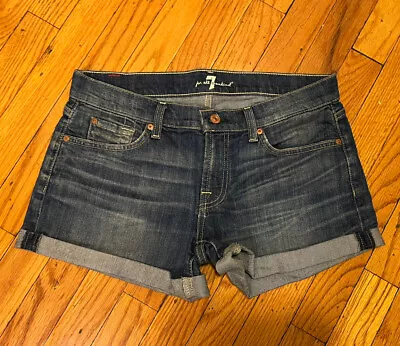 7 For All Mankind 7FAM Blue Denim Jean Shorts 3  Inseam Cuffed Size 27 • $15