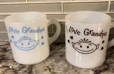Vintage Milk Glass COFFEE MUGS I LOVE GRANDMA & I LOVE GRANDPA  Milk Glass Cup • $9.99
