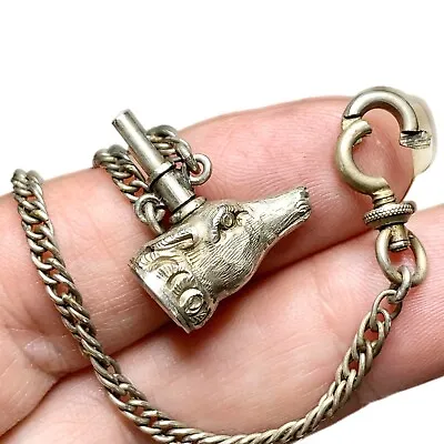 Victorian Sterling Figural Dog Pocket Watch Key W Uncarved Quartz Watch Chain • $325