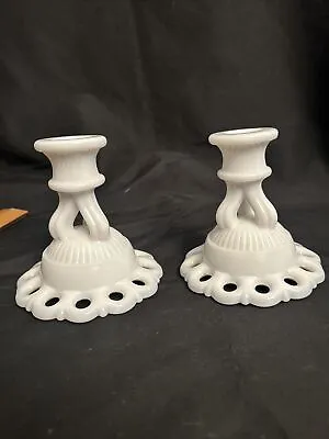 Vintage  Milk Glass Candle Stick Holders White Set Of 2 • $15