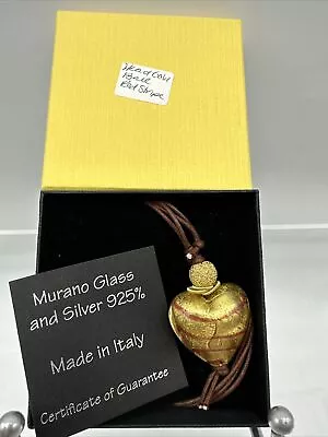 Authentic Murano Glass Pe￼ndant With Cert.- Heart Gold Ball/Red Stripe M3 • $22