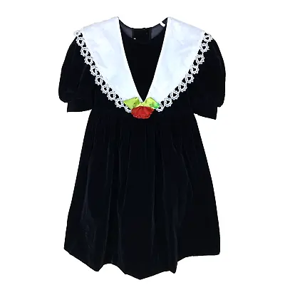 Jo Lene Vintage Black Velvet Dress Holiday Lace Rose Short Sleeve USA Girls 5 • $25.08
