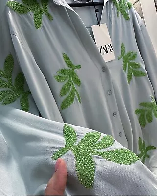 BNWT Zara Green Silk Embroidered Leaf Print Shirt & Trousers Co Ord Set Size M • £60