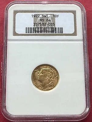 Switzerland  Gold 10 Francs 1922 B - Ngc Ms 64   Rare9 • $269.99