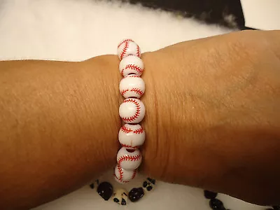 Modern Red White Baseball Resin Bead Bracelet • $1