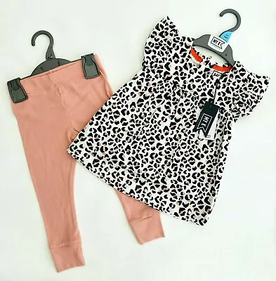 Baby Girls Set MYLEENE KLASS Short Sleeve Ribbed Leopard Animal Print Outfit NEW • £7.99