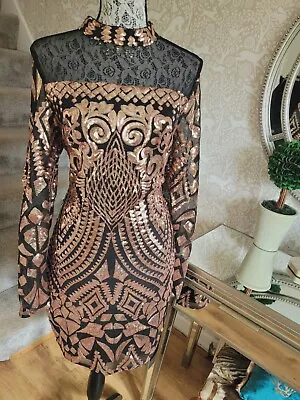 Quiz Black And Copper Sequin Cocktail Dress Size UK16 Stunning! • £23
