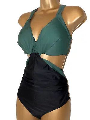 Sexy Black Green Cupshe Cut Out X Cross Back Push Up Swimsuit Size L 14 / 16 New • £19.79