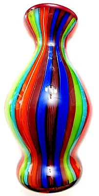 Vintage Multicolor Ribbons Murano Style Glass Vase Heavy 11 Lb. Thick Glass Art • $269.10