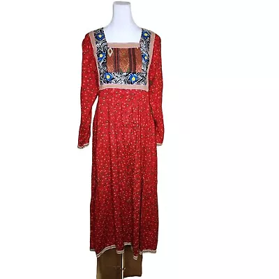 Vintage 70s Boho Maxi Peasant Dress Womens Size M Red Gauze Ethnic Embroidered T • $62.97