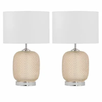 £39.99 • Buy Set Of 2 Amber Textured Glass Table Lamp Bedside Lights With White Shades
