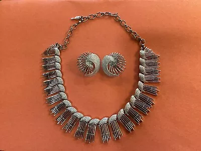 Vintage MCM Sarah Coventry Necklace Set Clip Earrings Signed Silver Tone • $28