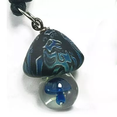 Necklace With Hand Blown Glass Mushroom Pendant Artisan Fimo Clay Tribal Cap • $9.99