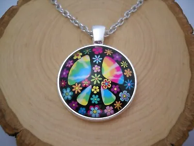 Cool Flower Peace Sign Cabochon Glass Pendant With Silver Chain Necklace Jewelry • $7.95