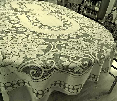 Lace White And Brown Cut And Hem 64  Wide 80L Oval Tablecloth • $15.50