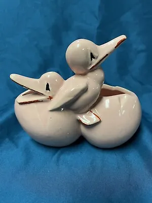 McCoy Ducks And Eggs Planter Pink Glaze Red Cold Paint Trim 1950’s 5” Tall • $15.25