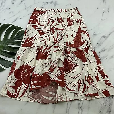 Madewell Tropical Vacation Linen Blend Midi Skirt Size 10 Red White Ruffle Wrap • $26.39