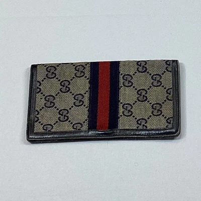 $65 • Buy Vintage Gucci Sherry Line GG Web Stripe Canvas Bifold Checkbook Holder Wallet