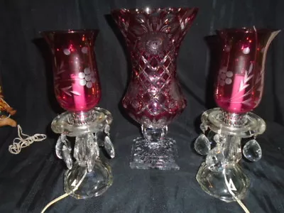 Stunning Massive 14  Cranberry Cut 2 Clear Vase Circa 1890/1920 +2 Crystal Lamps • $365.74