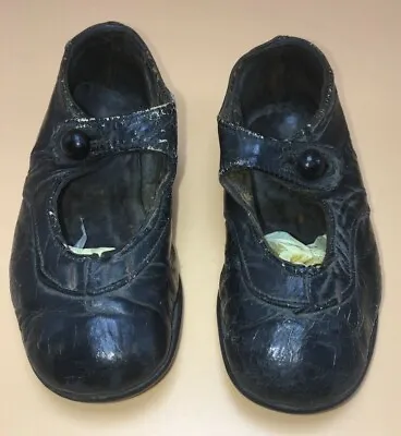 Antique Baby Shoes Black Leather Round Toe W Button Leather Soles Maryjanes • $85.44