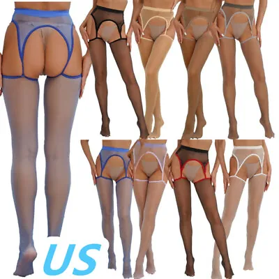 US Women Sheer Oil Silk Crotchless Pantyhose Tights Suspender Stockings Hosiery • $10.69