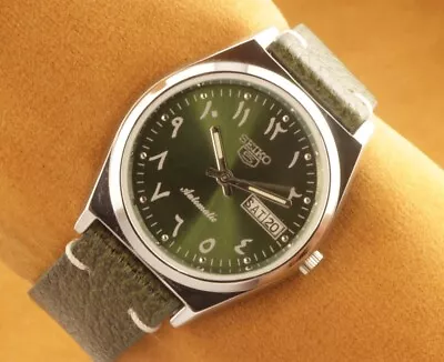 Vintage  Seiko 5 Automatic GREEN ARABIC  Japan Working Wrist Watch 37.5mm  • $65