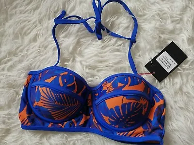 Southbeach Bra Bikini Top Tropical Leaf Orange Blue Halter Neck Strappy Back • £8.99