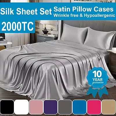 Silk Satin Bed Sheet Set 2000TC 4 PCS Fitted Satin Flat Sheets Wrinkle-free • $13.60