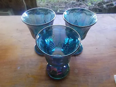 Vintage Indiana Carnival Glass Blue Harvest Grape Set Of 3 Goblets • $33