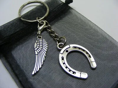 £3.95 • Buy Lucky Horseshoe & Angel Wing Charm Keyring With Gift Bag