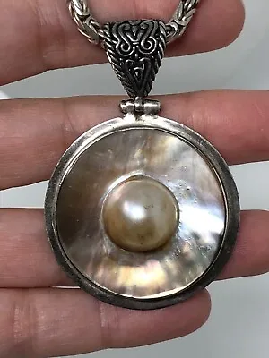 925 STERLING Silver Large Grey Mabe Pearl Pendant Heavy Sterling Chain Necklace  • $245