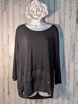 Michael Kors Layered Look Tunic Size L Black 3/4 Sleeve Gold Logo Stretch Top • $16