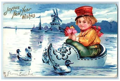 1908 Joyous New Year Boy Dutch Shoe Boat Ducks Windmill Mansfield CT Postcard • $9.72