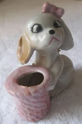 Vintage Small White Dog Decorative Figurine With Pink Basket Japan 3  Tall   • $7.98