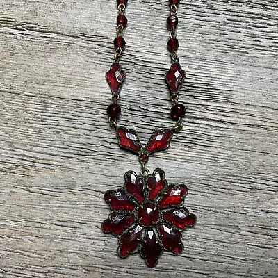 Antique Czech Victorian Bohemian Garnet Glass Gold Gilt Star Necklace Dangle WOW • $75