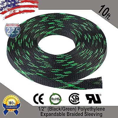 10 FT 1/2  Black Green Expandable Wire Sleeving Sheathing Braided Loom Tubing US • $11.45