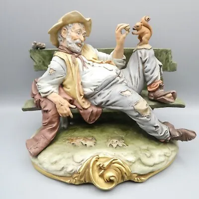 Capodimonte Bruno Merli Figurine Old Man Tramp On Bench Feeding Squirrel • £79.99