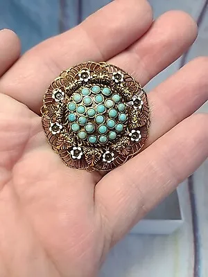 Vintage Made In West Germany Turquoise Gold Tone Brooch Pin Flowers Beauty Round • $41.38