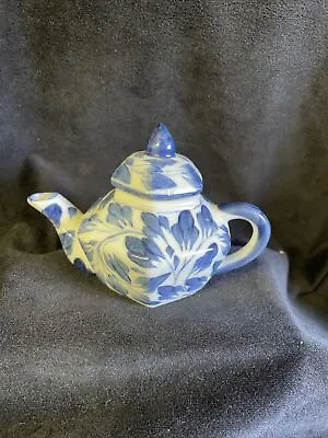 Vintage  Miniature Tea Pot Ceramic Blue White With Lid Hexagon Shape • $14.99