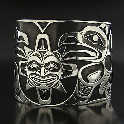 Wide 2  Raven Steals The Sun Hand Carved Overlay Cuff Northwest Native Bracelet • $2500