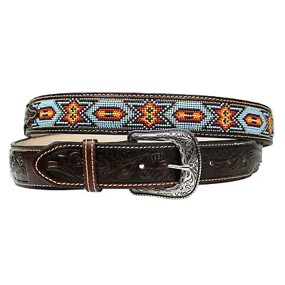 100% Leather Cowboy Cowgirl Belt Hand Tooled Beaded Western Belt Cinto Vaquero • $36.99