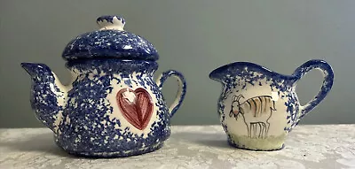 Molly Dallas Spatterware Folk Art Pottery Blue Small Country Teapot 5  Creamer • $23.39