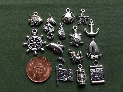 14 Mixed Sealife & Nautical Charms - Antique Silver - Pirate Beach Sea • £3.45