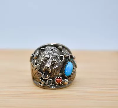 Turquoise & Coral Sterling Silver Bear Men's Ring By Running Bear Trading Post • $180