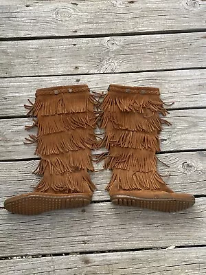 MINNETONKA Moccasins Brown Suede 5-Layer Fringe Tall Zip Boots Size 8 #1658 • $22.99